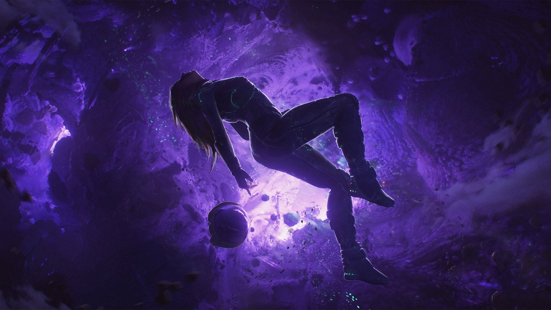 Woman in a spacesuit floating in a purple nebula HD Wallpaper