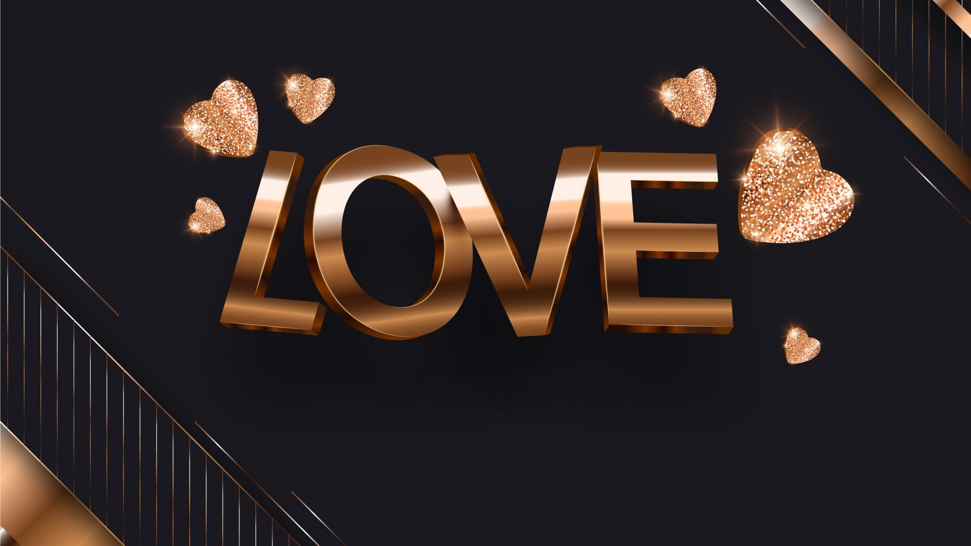 Golden LOVE text with glitter hearts HD Wallpaper
