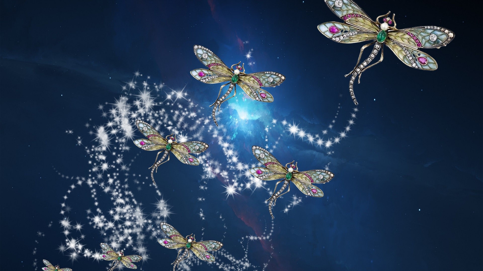 Jeweled dragonflies with sparkling trails on a starry background HD Wallpaper