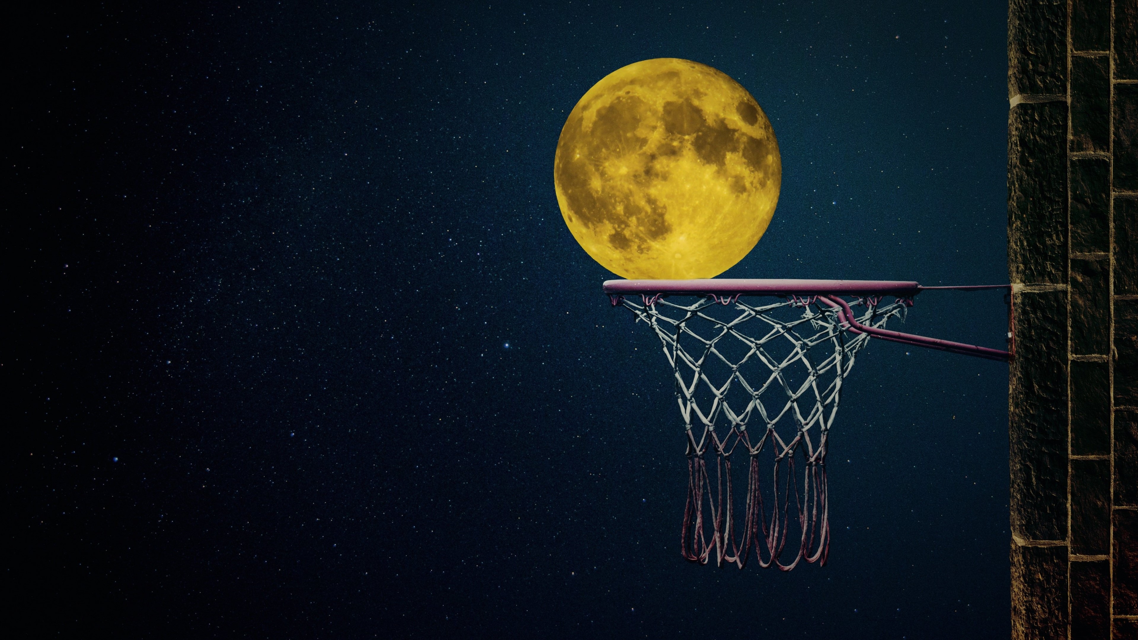 Moon on a basketball hoop in the night sky HD Wallpaper