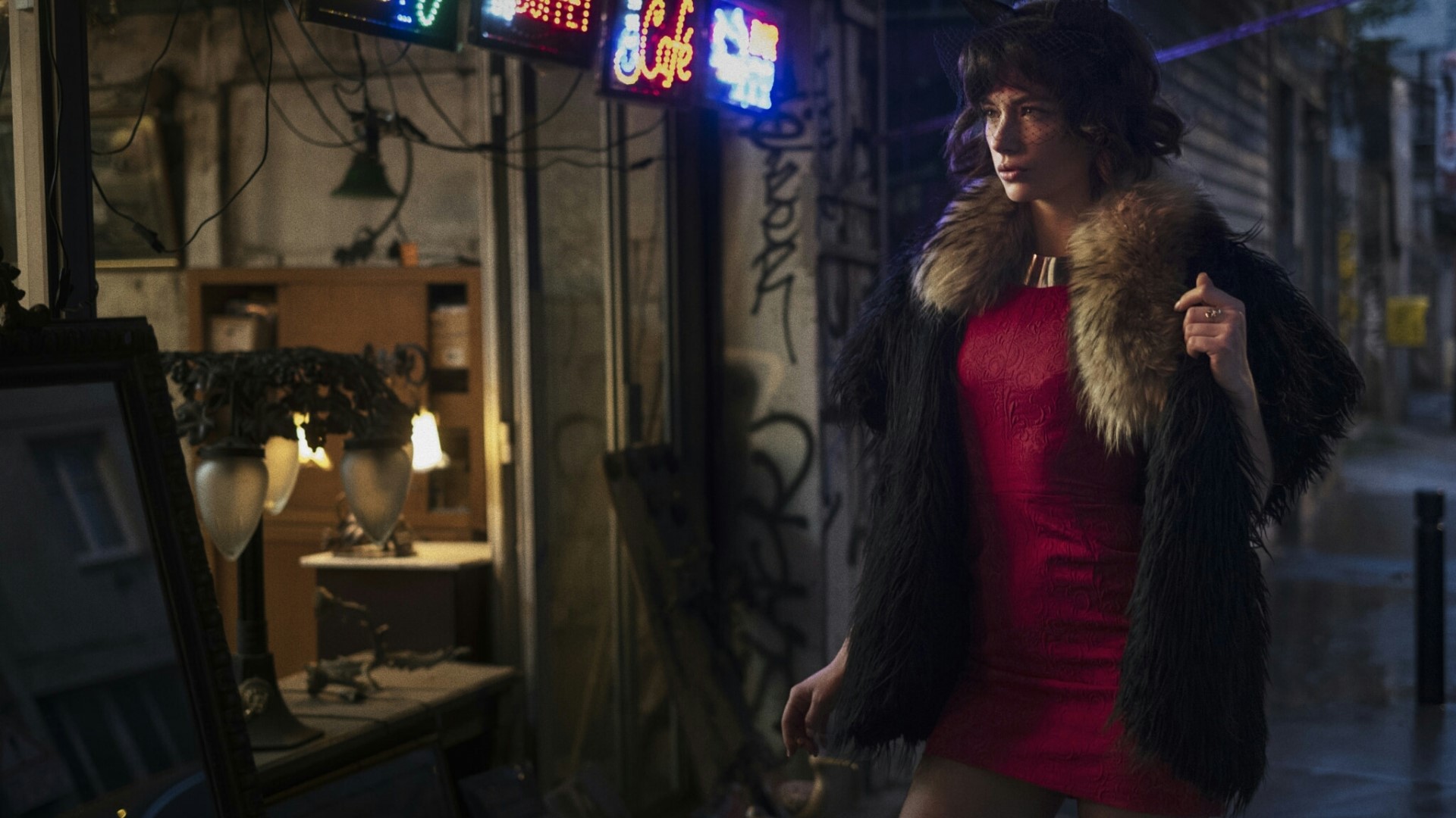 Woman in red dress and fur coat on street HD Wallpaper
