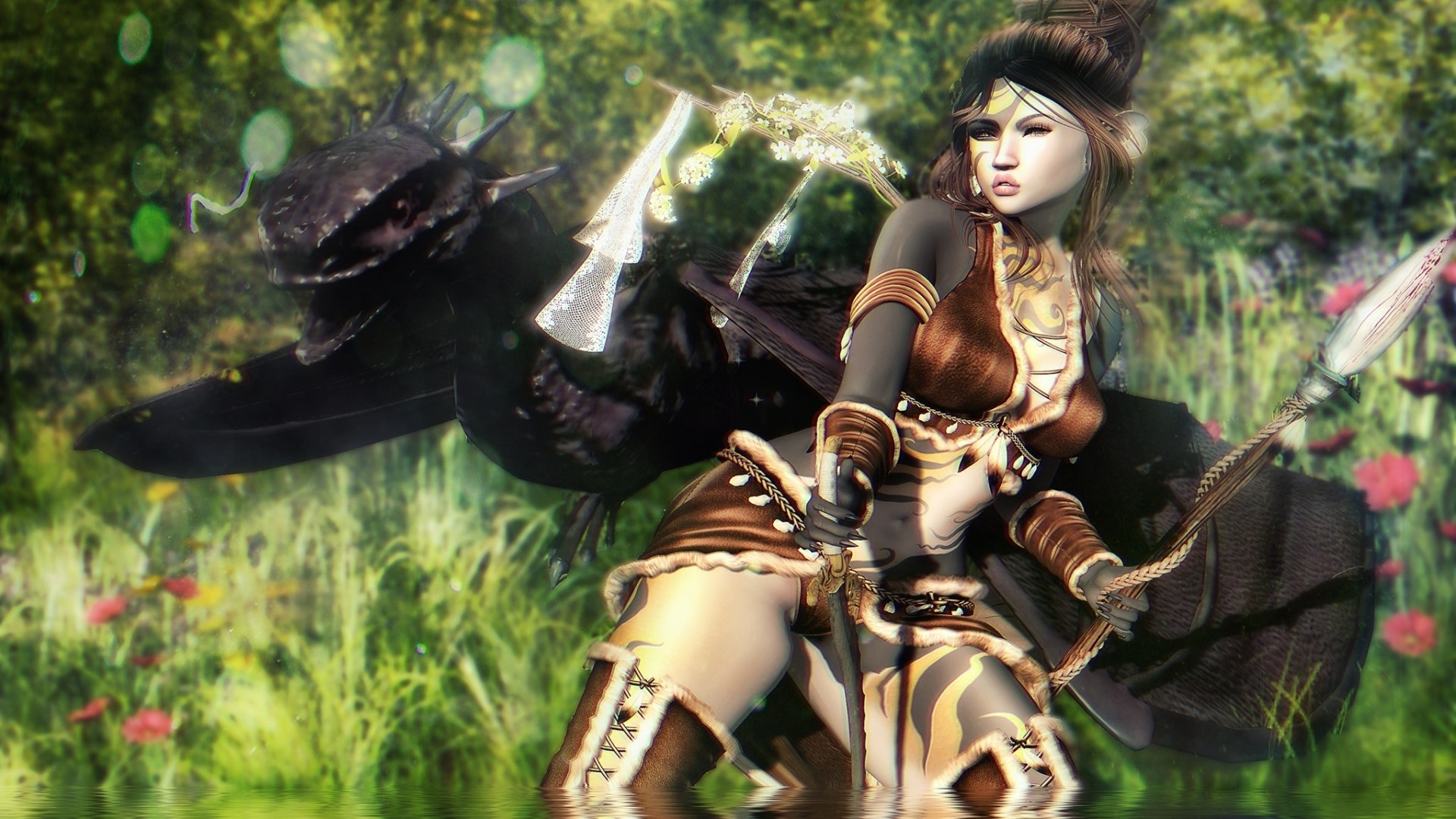 Fantasy girl with a dragon in a forest HD Wallpaper
