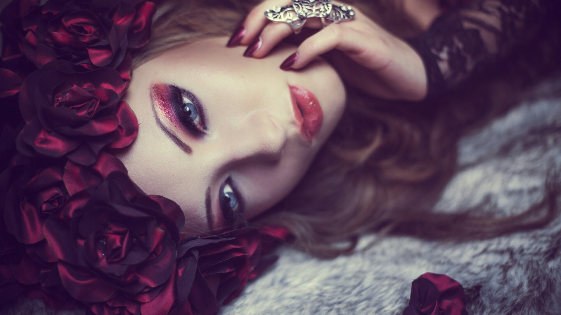 Woman with dark red roses and dramatic makeup HD Wallpaper