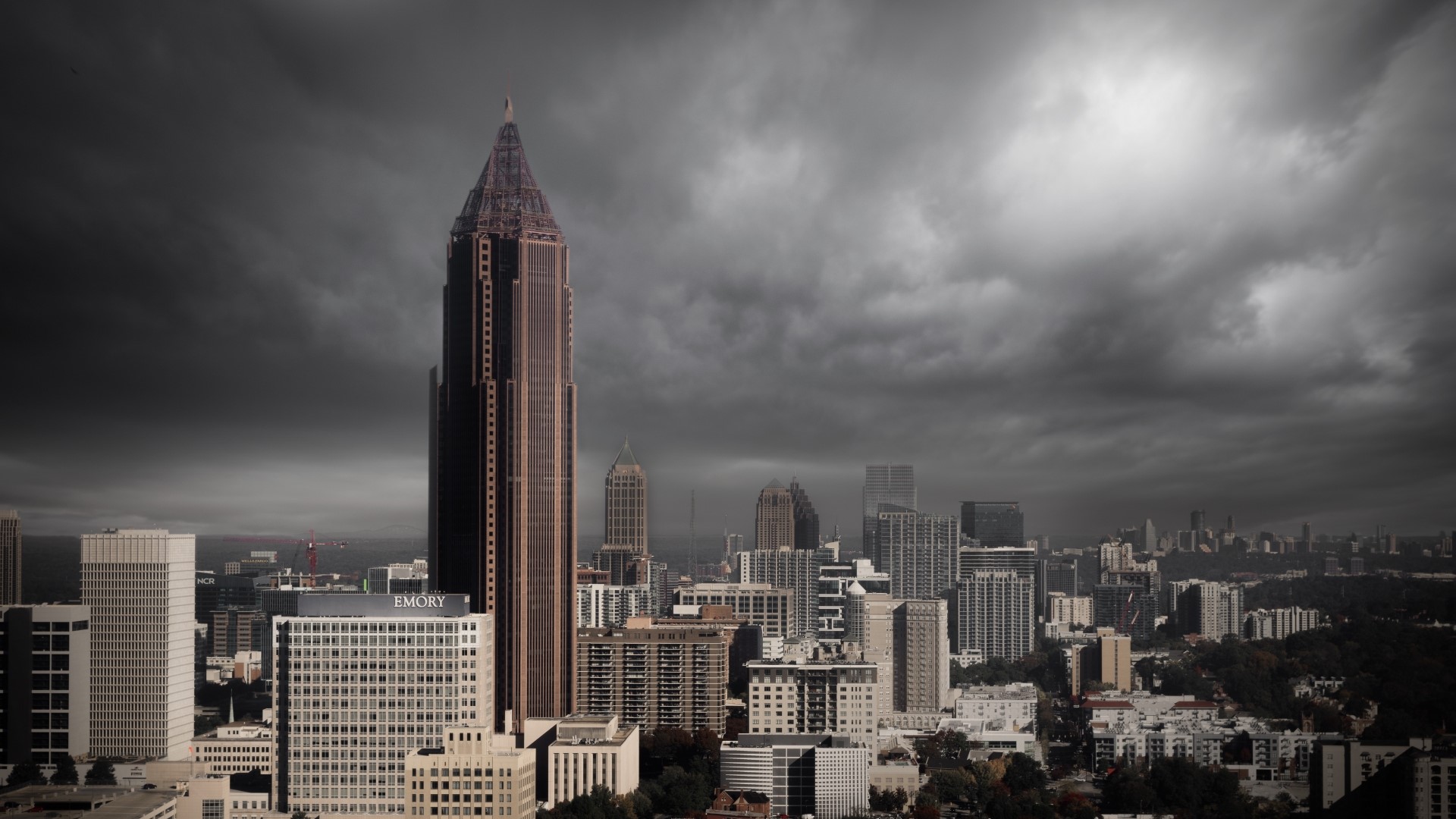 Atlanta skyscrapers under stormy clouds HD Wallpaper