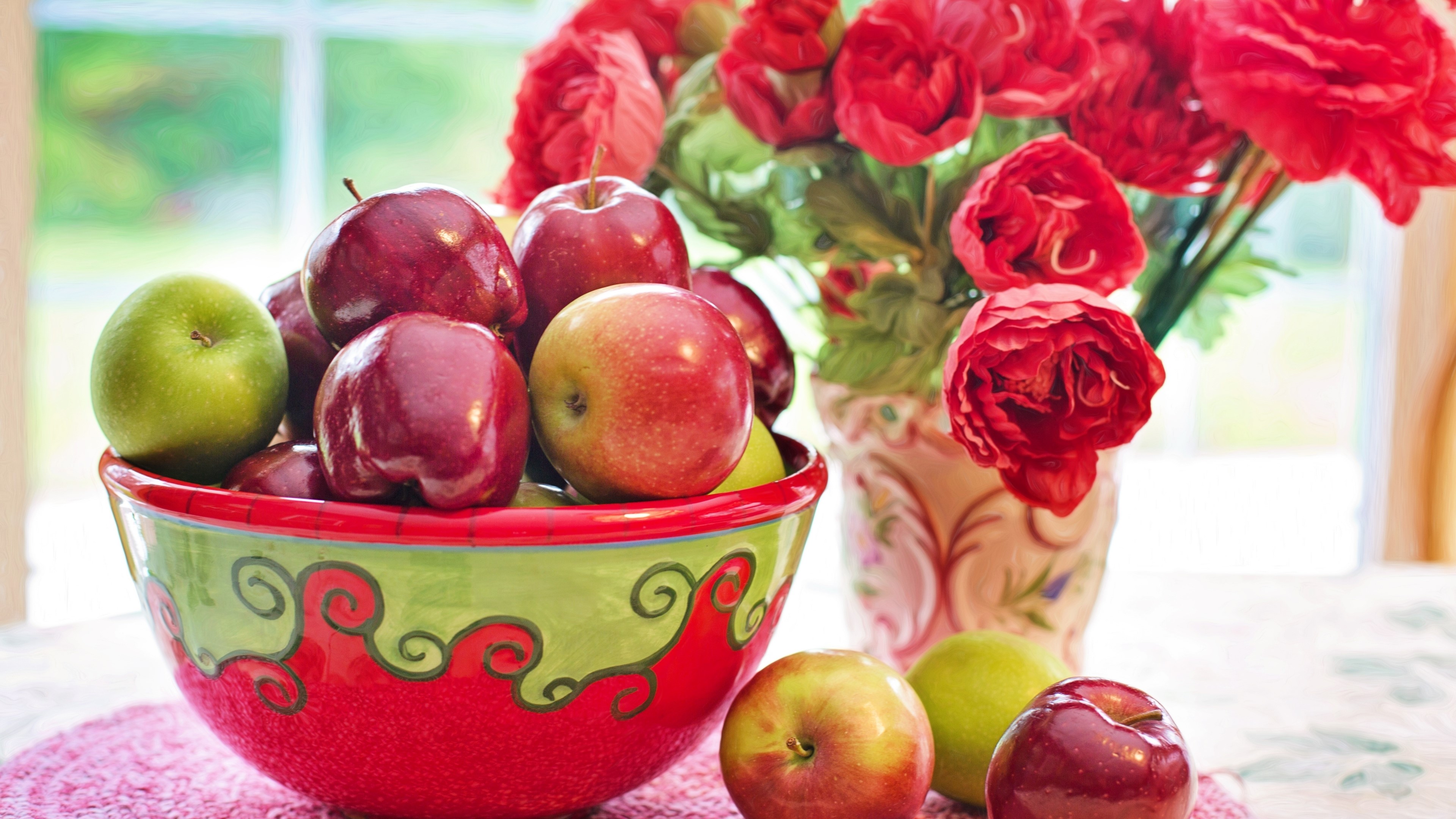 Still life fruit in a bowl with flowers HD Wallpaper