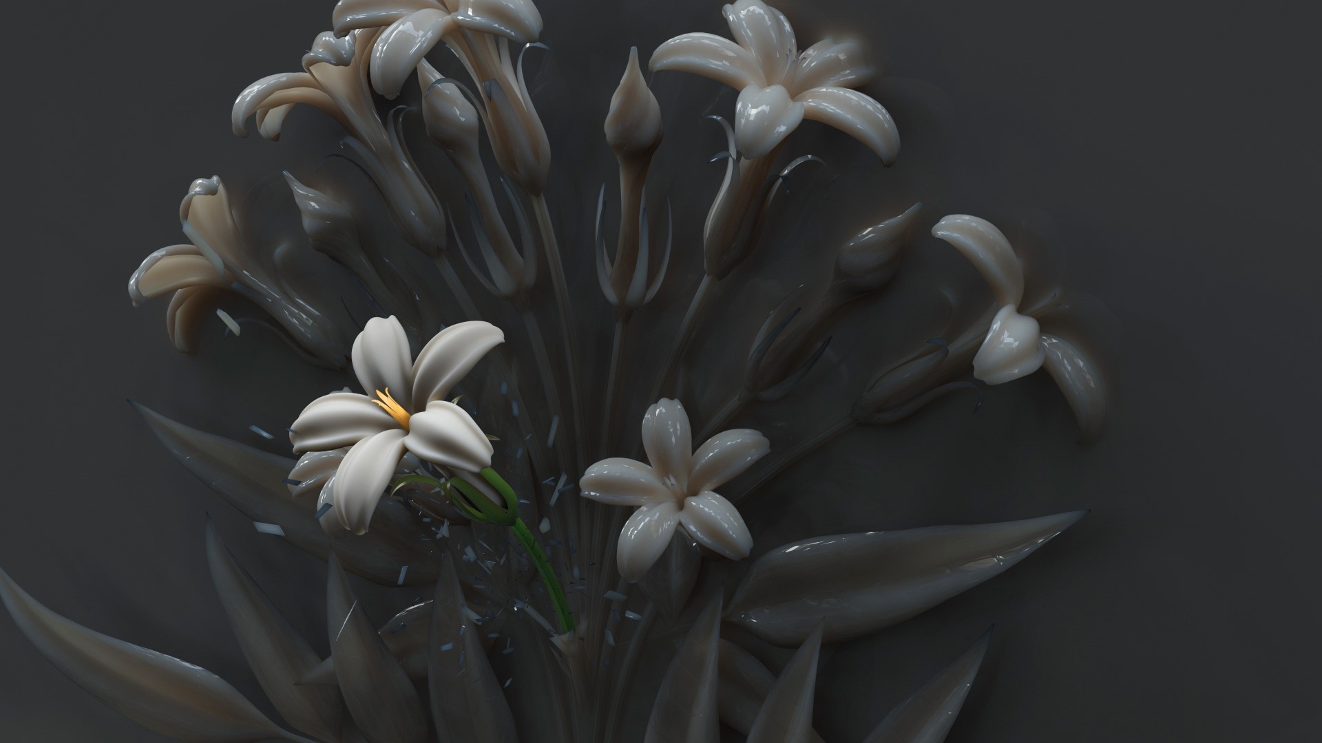 3D rendered white flowers with yellow stamen HD Wallpaper