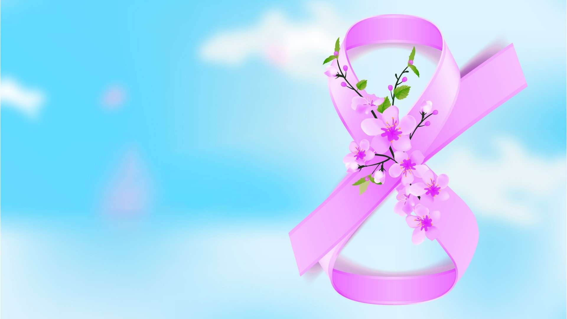 Pink ribbon with flowers on blue sky HD Wallpaper