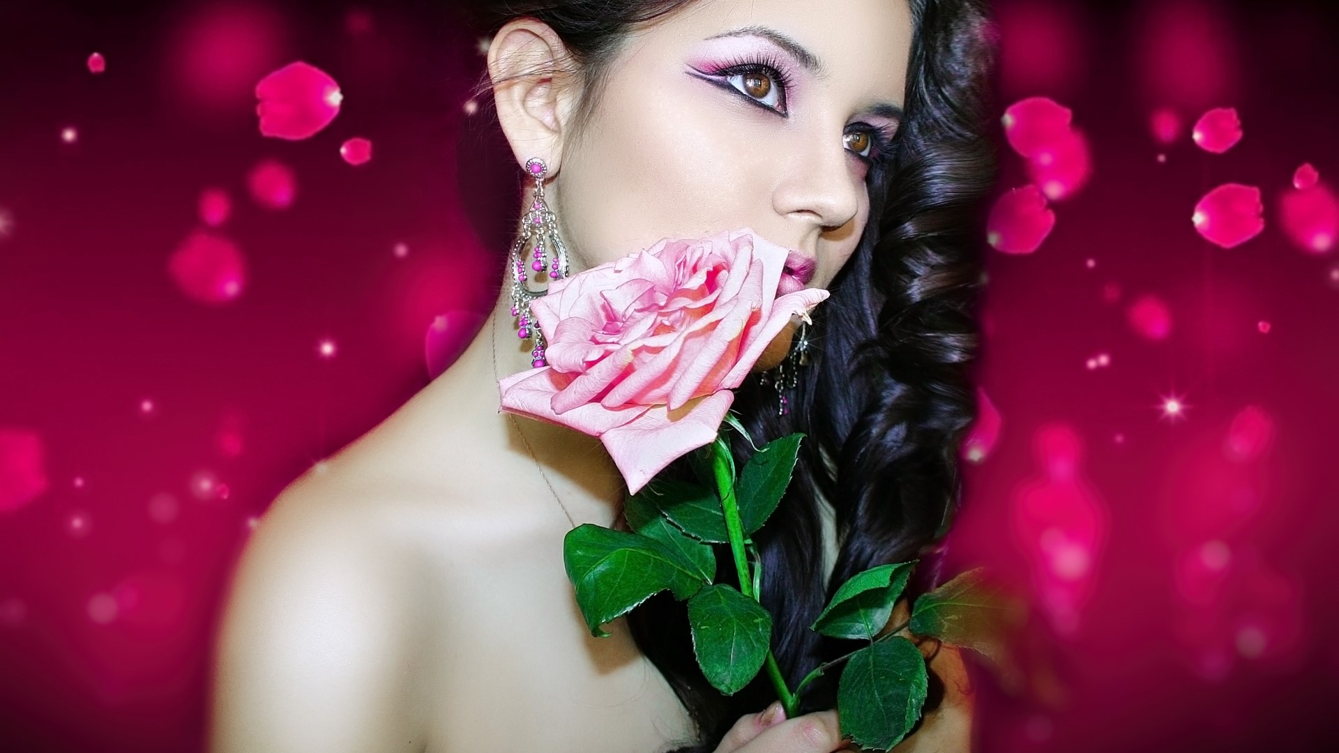 Girl with pink rose and dramatic makeup HD Wallpaper
