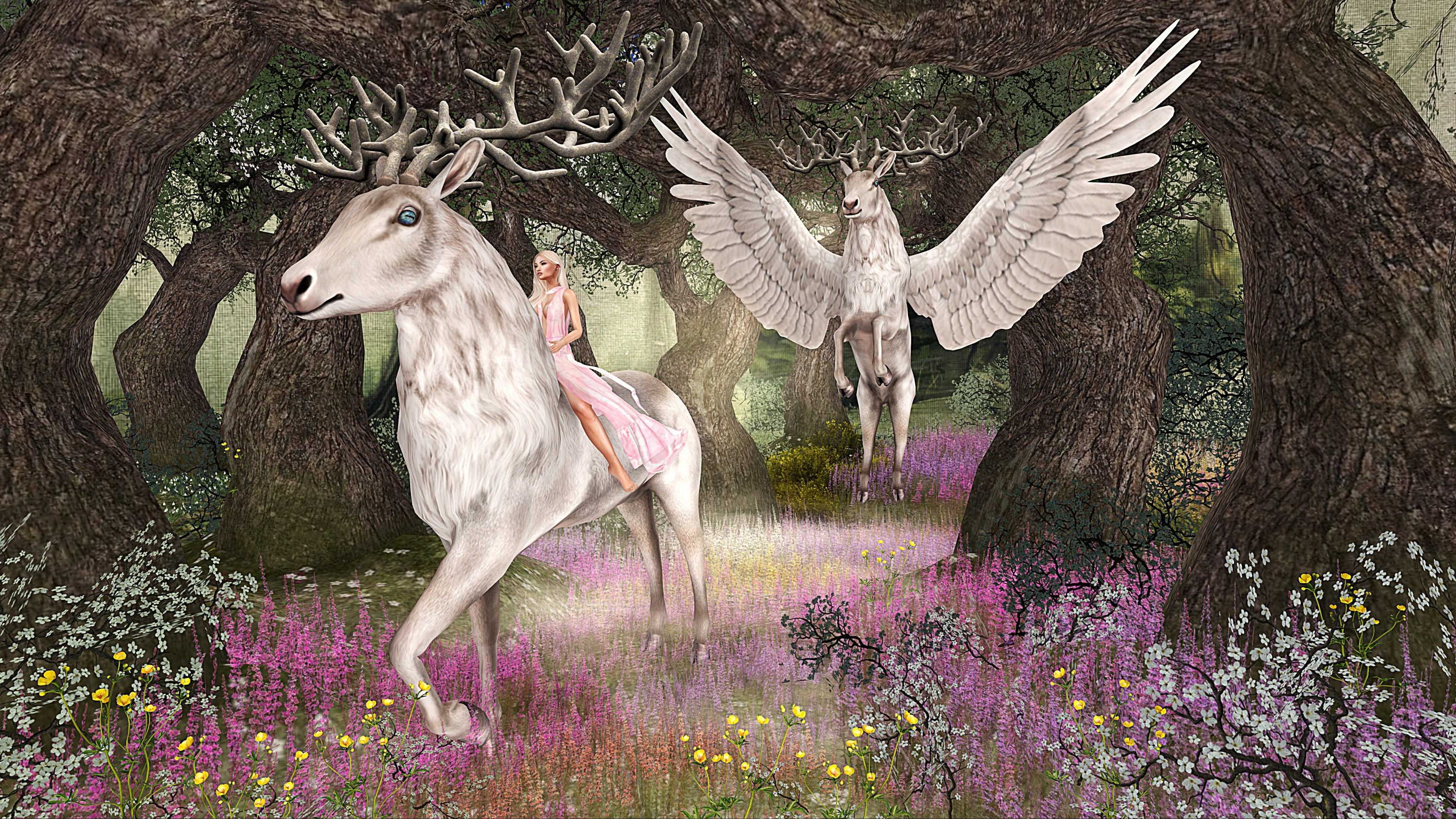 Fantasy girl riding a white deer with wings in a forest HD Wallpaper