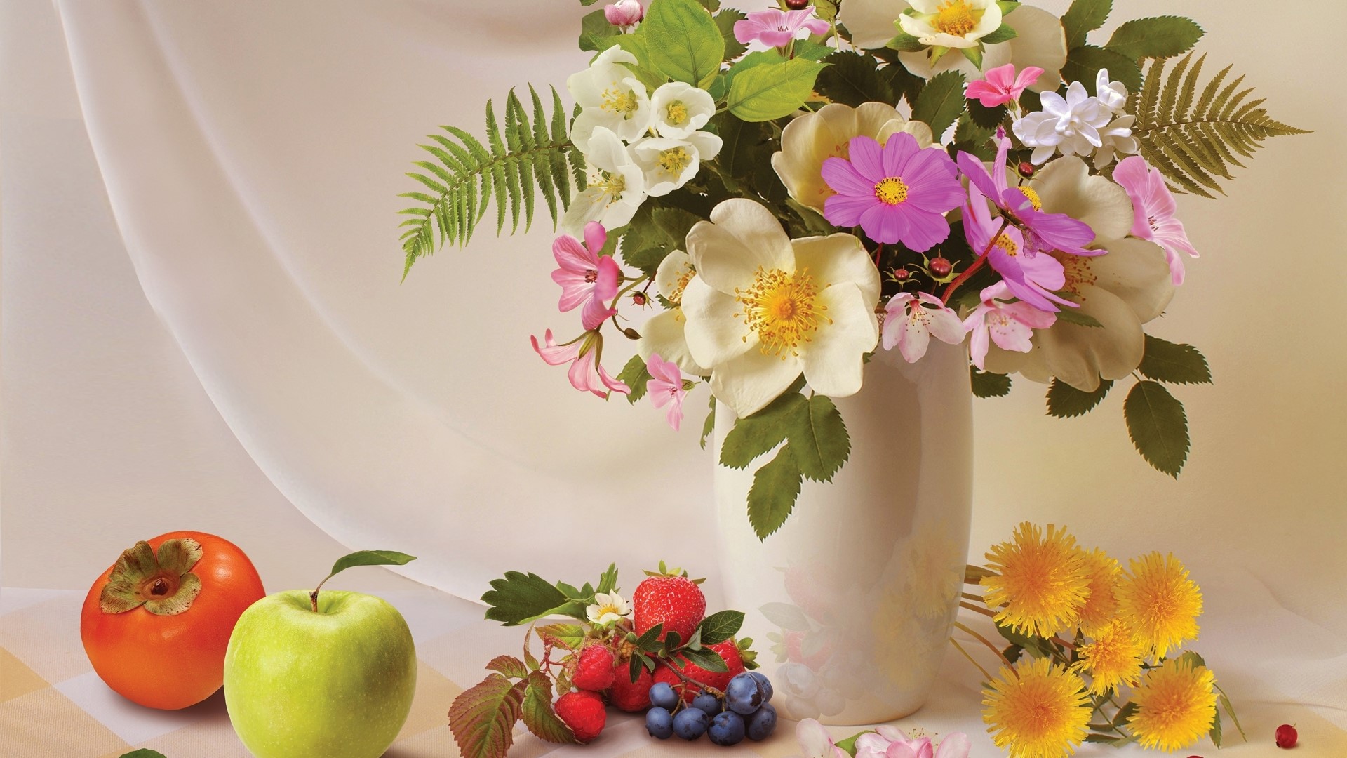 Still life with flowers and fruits HD Wallpaper