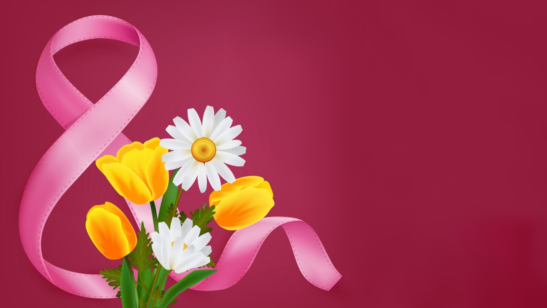 Pink ribbon with tulips and daisies HD Wallpaper