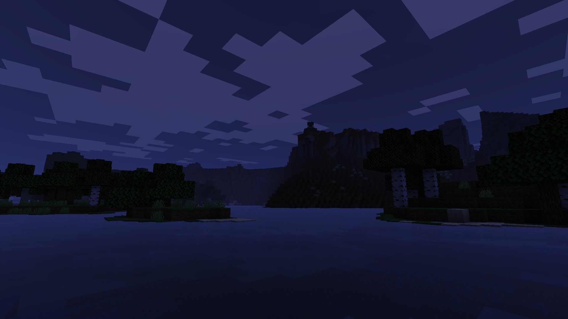 Minecraft lake at dusk with trees and mountains HD Wallpaper