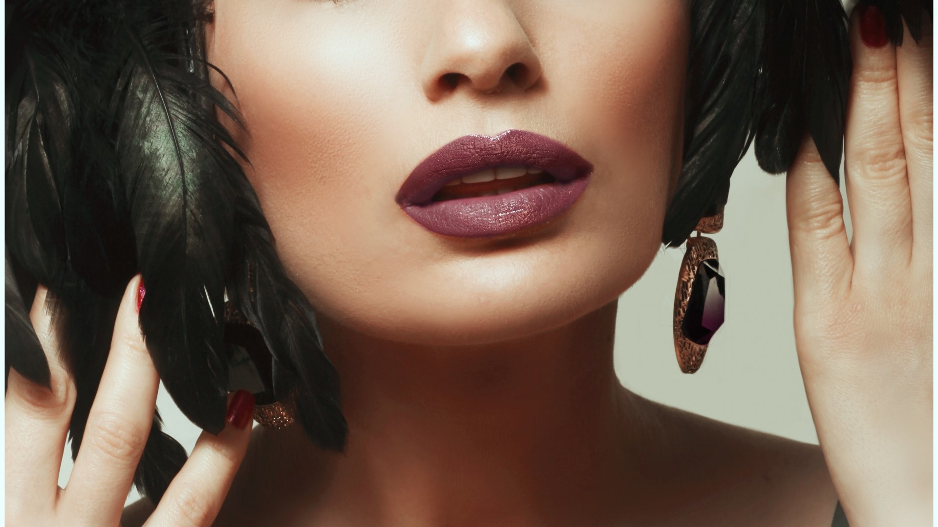 Woman with black feathers and purple lipstick HD Wallpaper