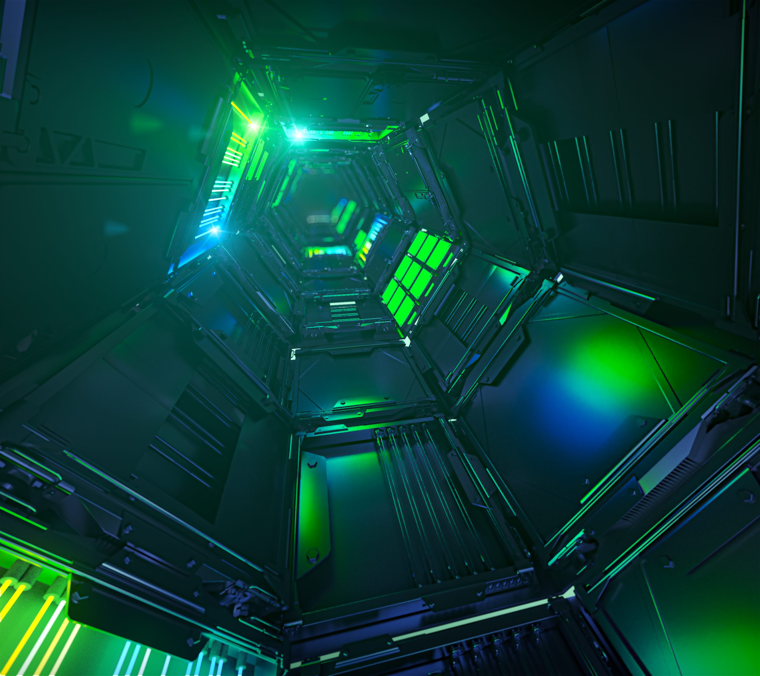 Sci-Fi corridor with green and blue lights HD Wallpaper