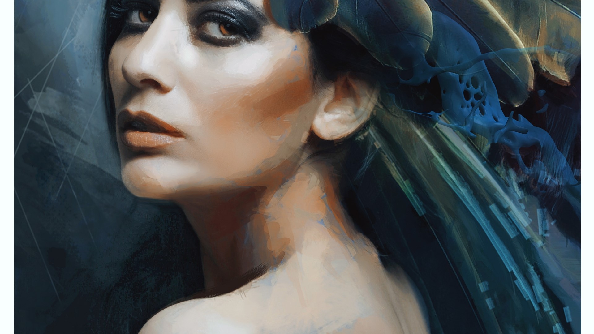 Woman with feathers in hair HD Wallpaper
