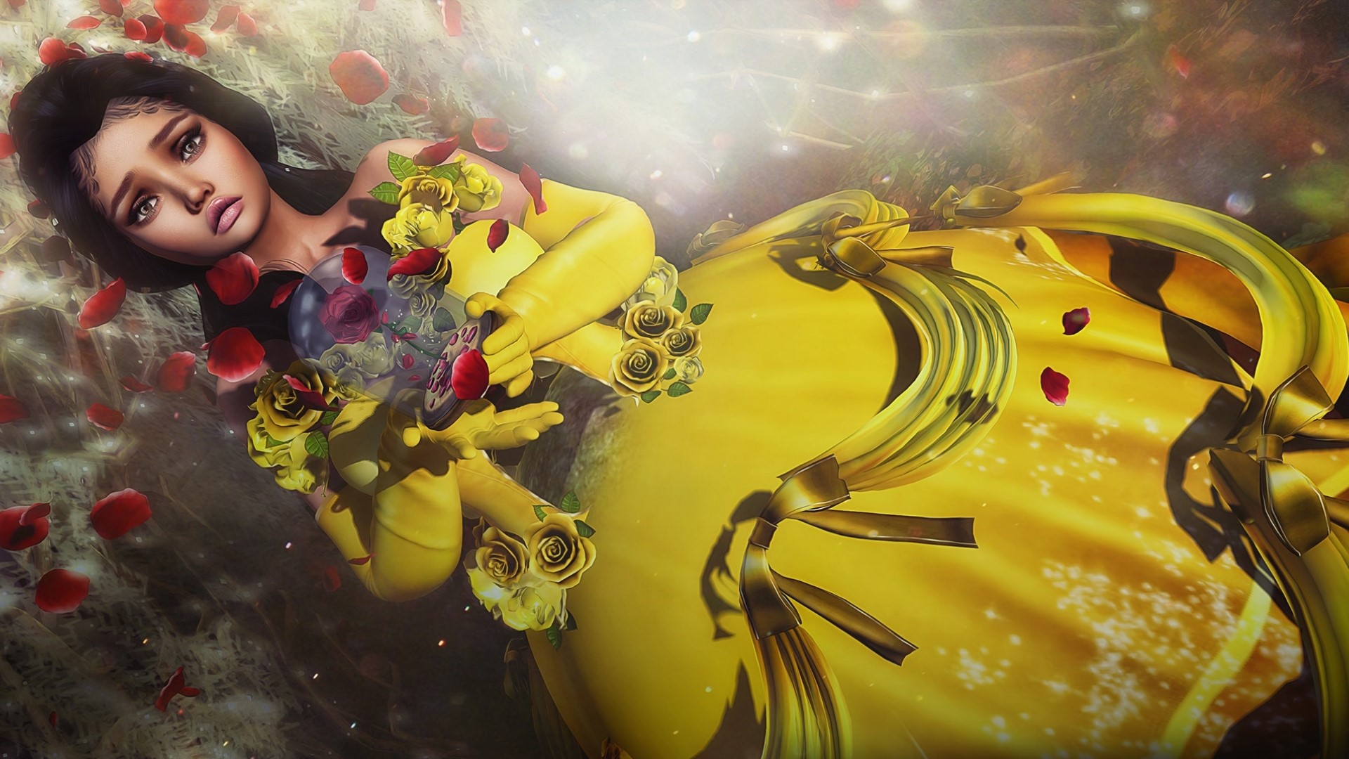 3D fantasy girl in yellow dress with roses HD Wallpaper
