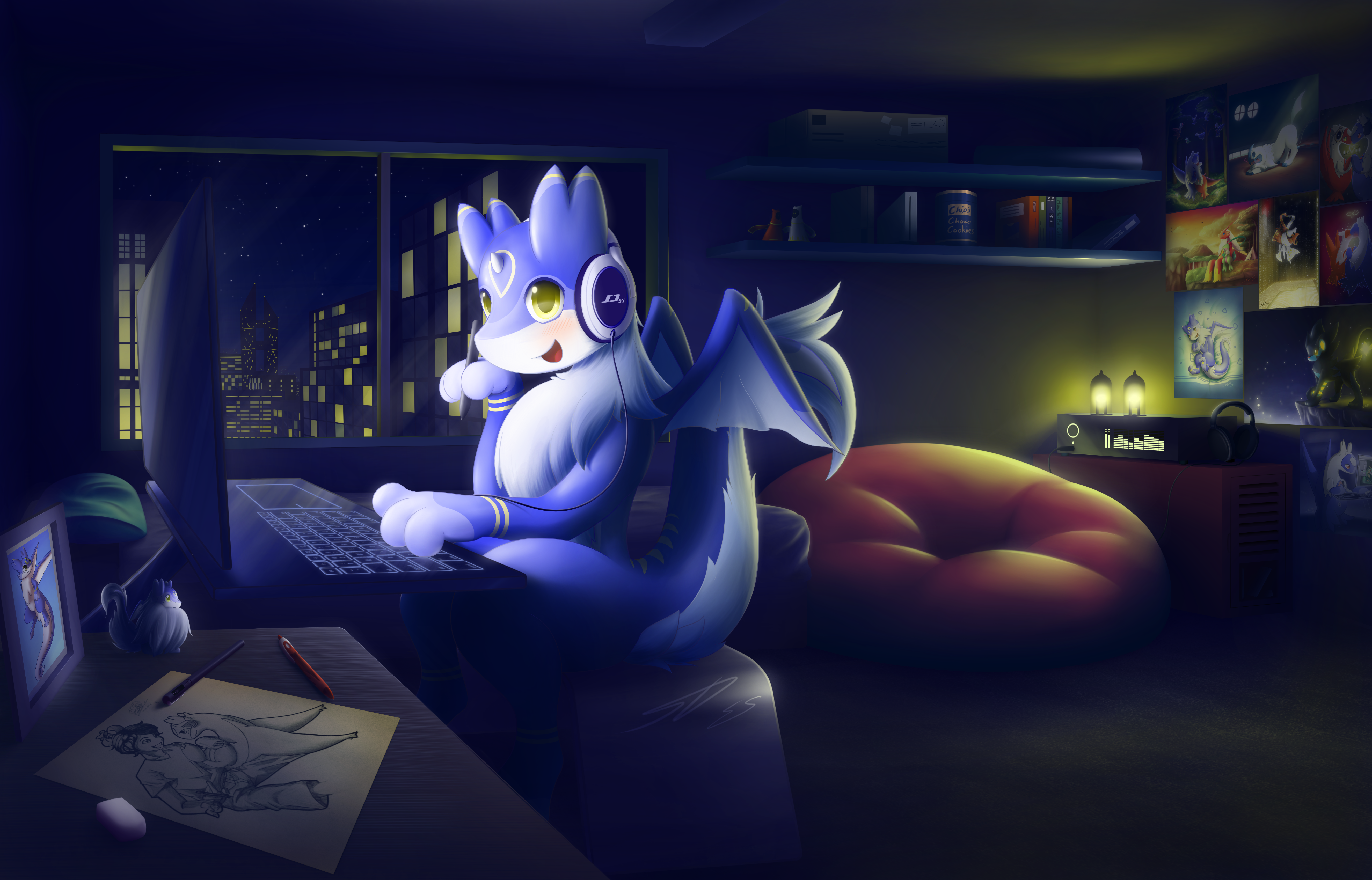 Fluffy dragon using a laptop in a room at night HD Wallpaper