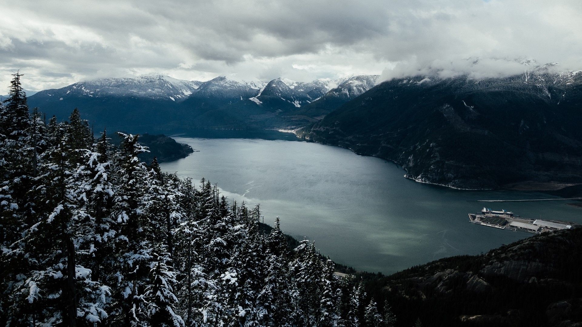 Snow-covered trees overlooking a lake and mountains HD Wallpaper
