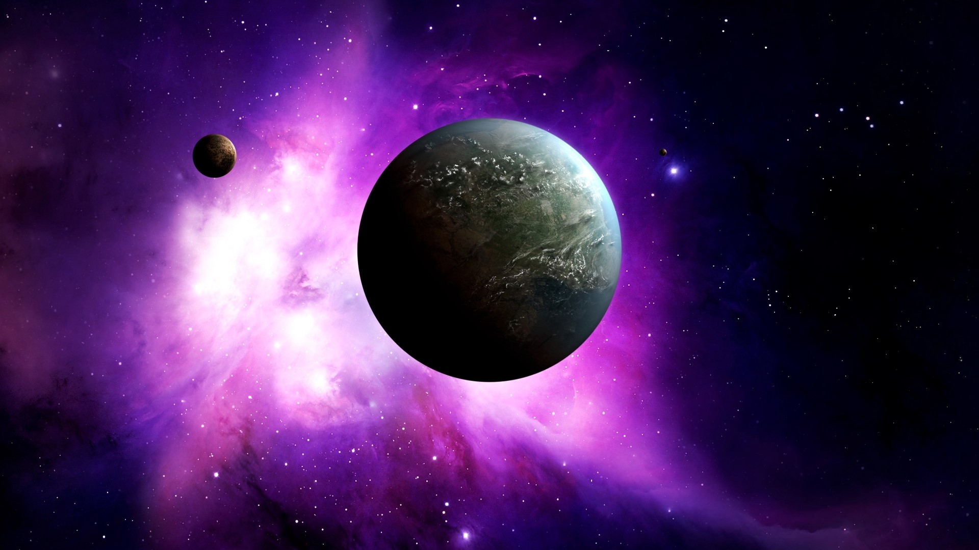 Planet and moon in a nebula HD Wallpaper