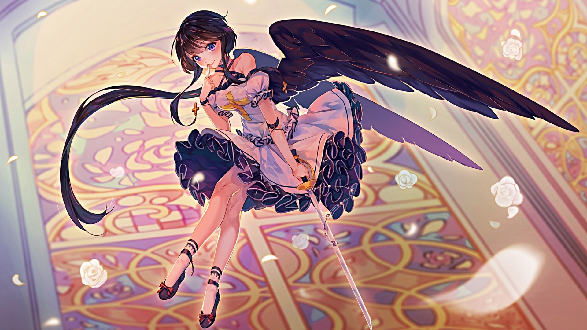 Anime girl with black wings and sword HD Wallpaper
