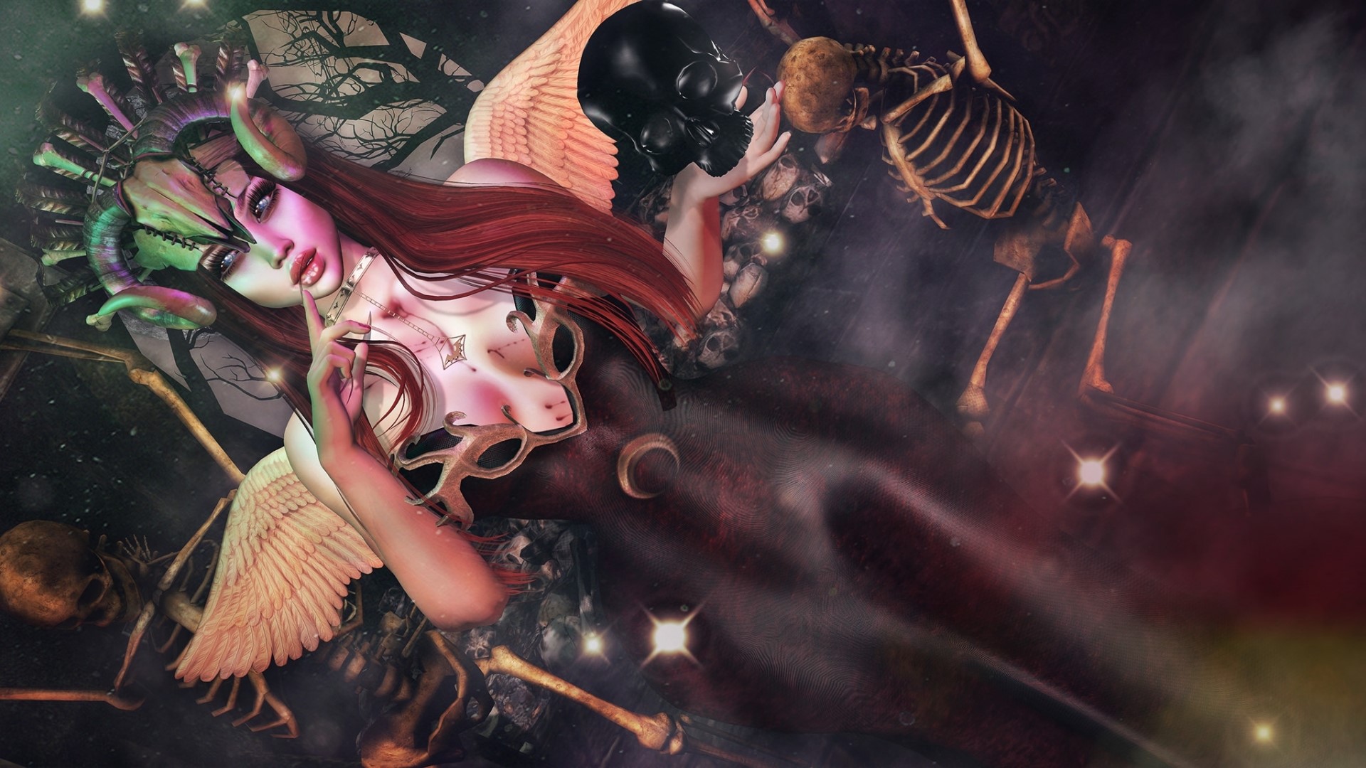 Fantasy girl with horns and wings among skeletons HD Wallpaper
