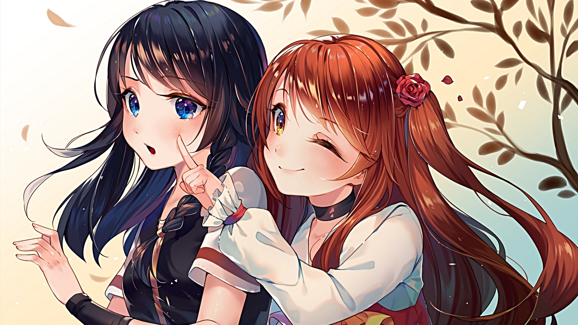 Two anime girls with dark and red hair HD Wallpaper