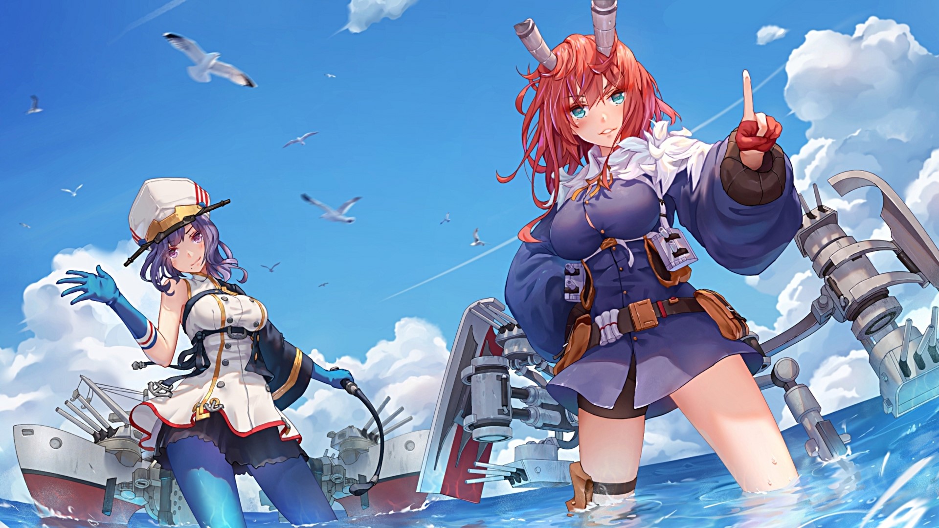 Two anime girls on battleships in the ocean HD Wallpaper