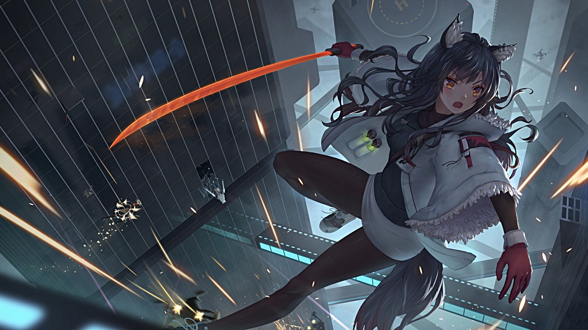 Anime girl with wolf ears and sword in a city HD Wallpaper