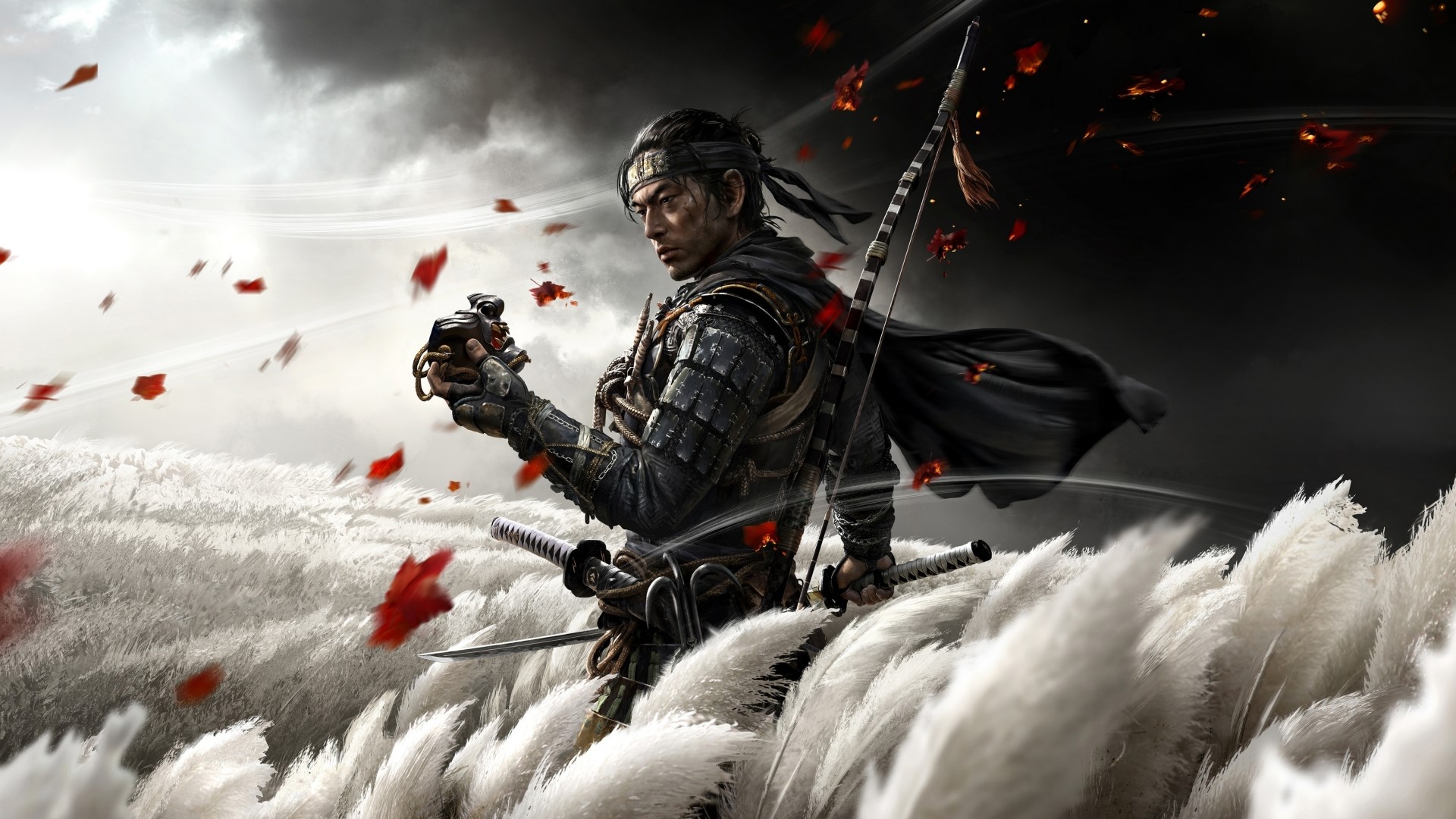 Jin Sakai from Ghost of Tsushima with bow and swords HD Wallpaper