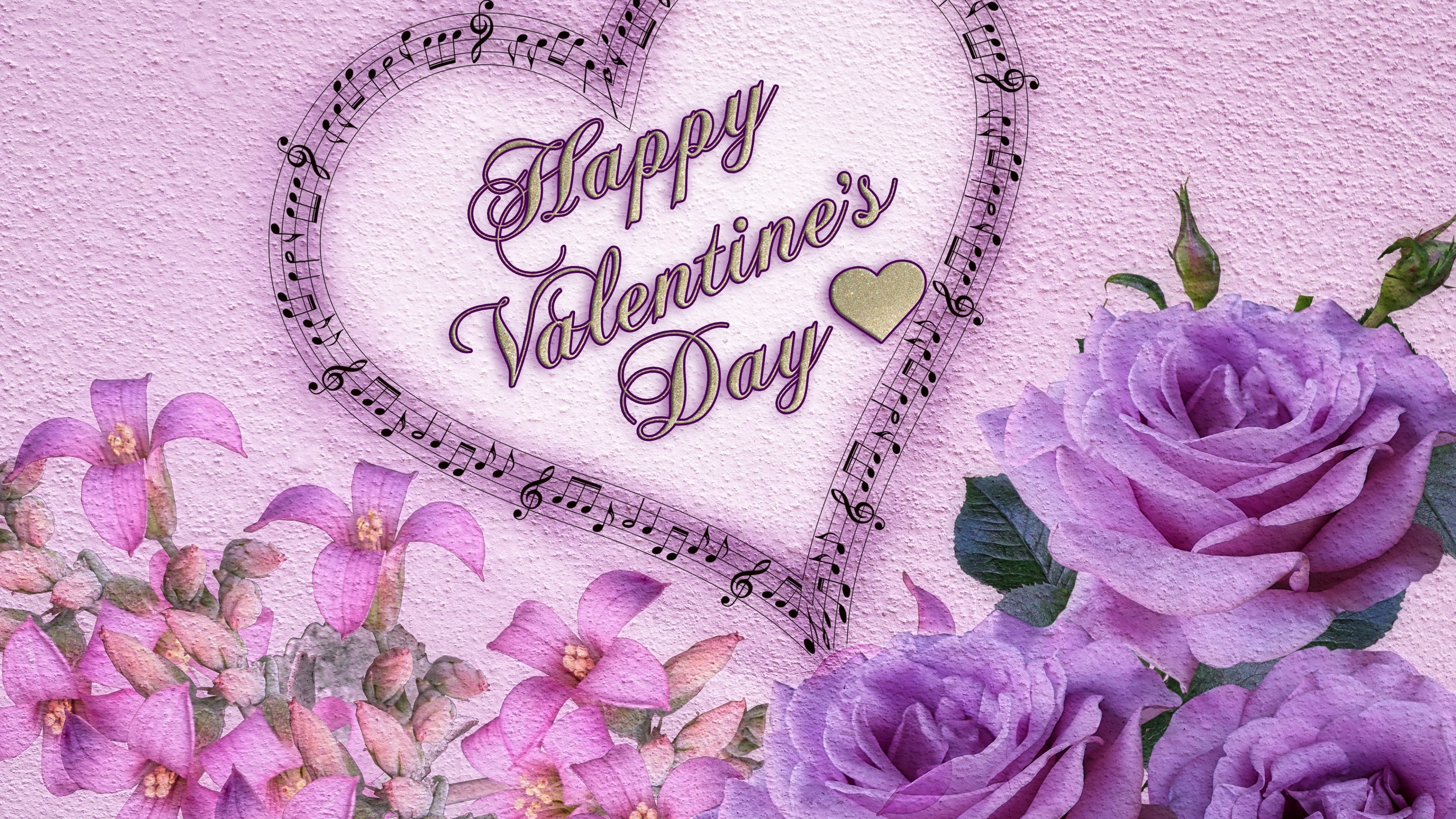 Happy Valentine's Day heart with music notes and roses HD Wallpaper