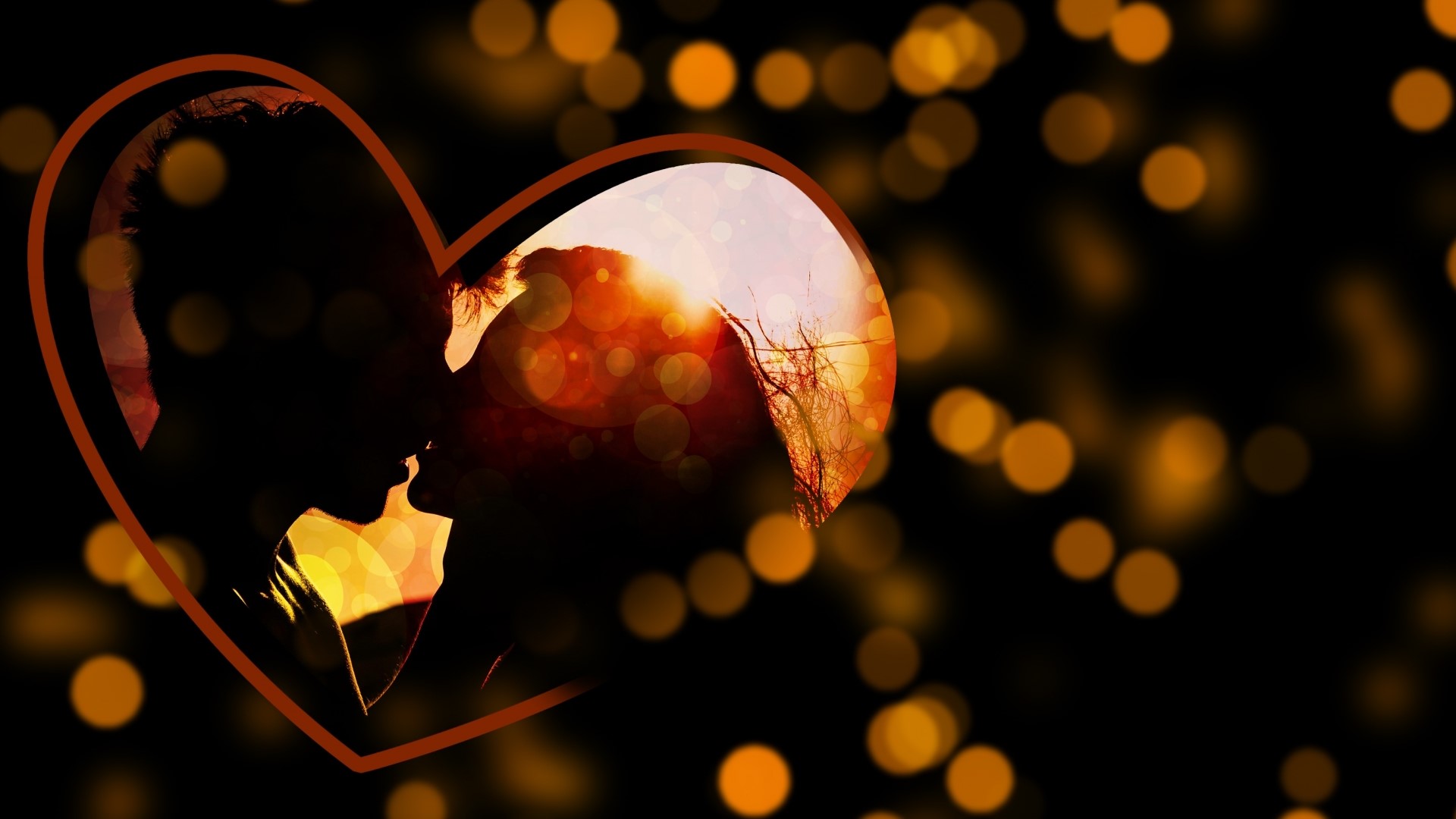 Silhouette of a couple kissing inside a heart HD Wallpaper
