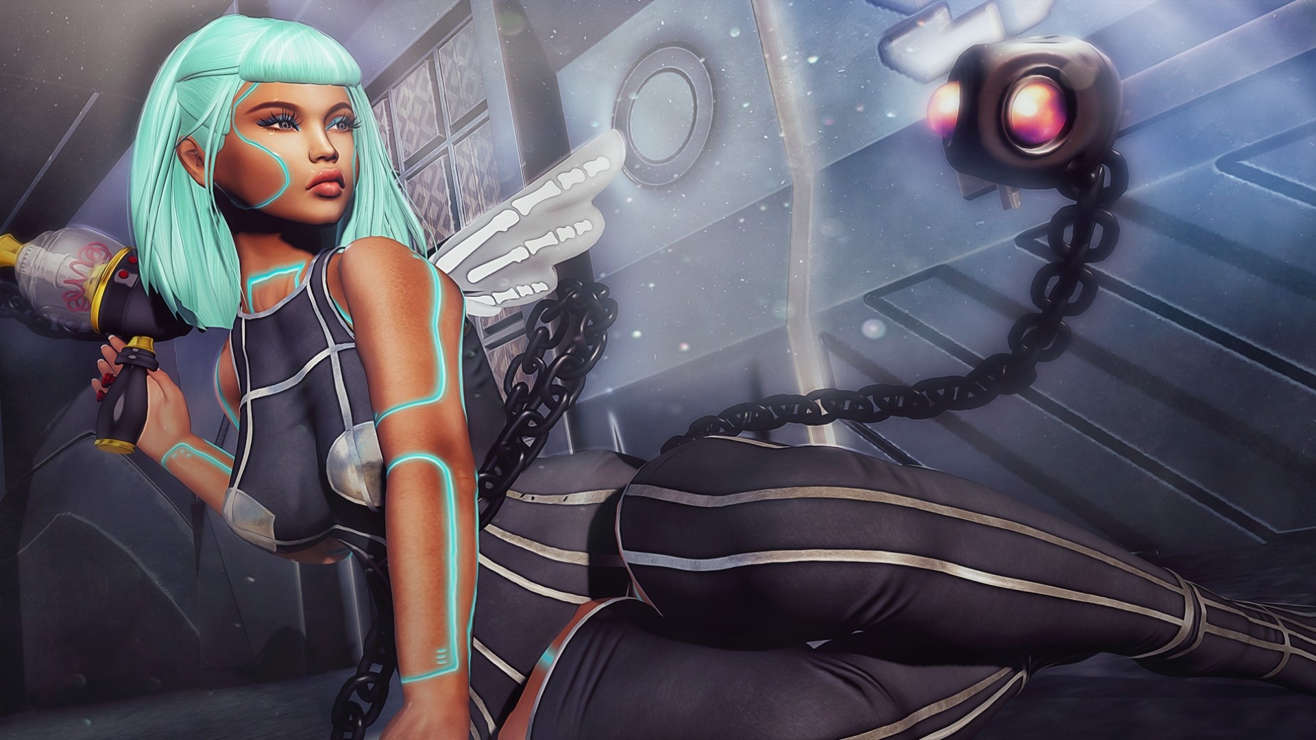 Fantasy girl with futuristic weapon and drone HD Wallpaper