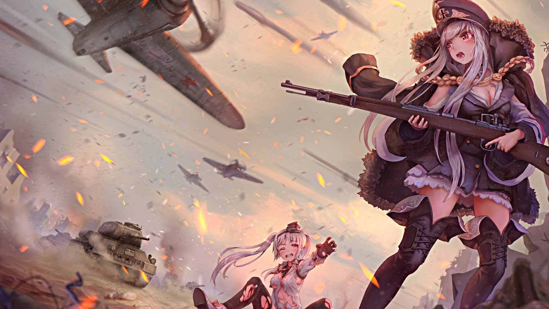 Anime girls in military uniforms during a battle HD Wallpaper