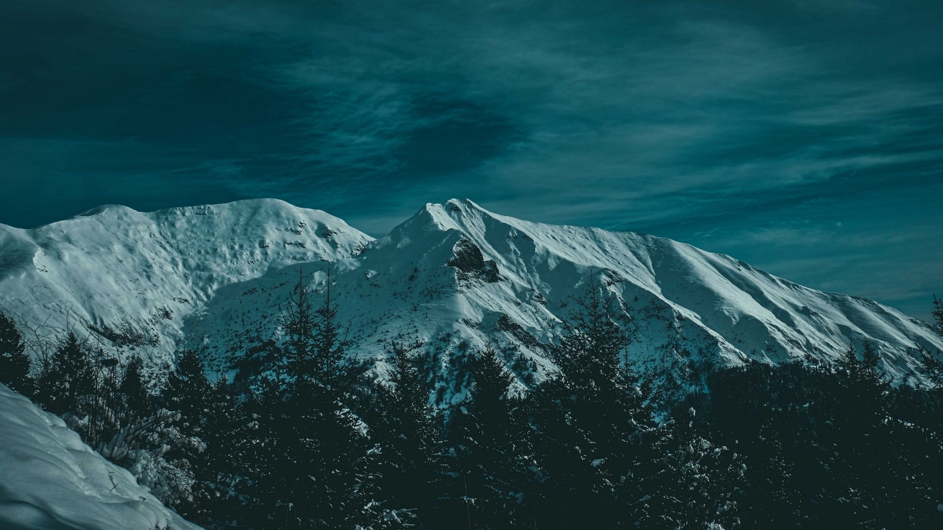 Snow-covered mountains and pine trees under a dark sky HD Wallpaper