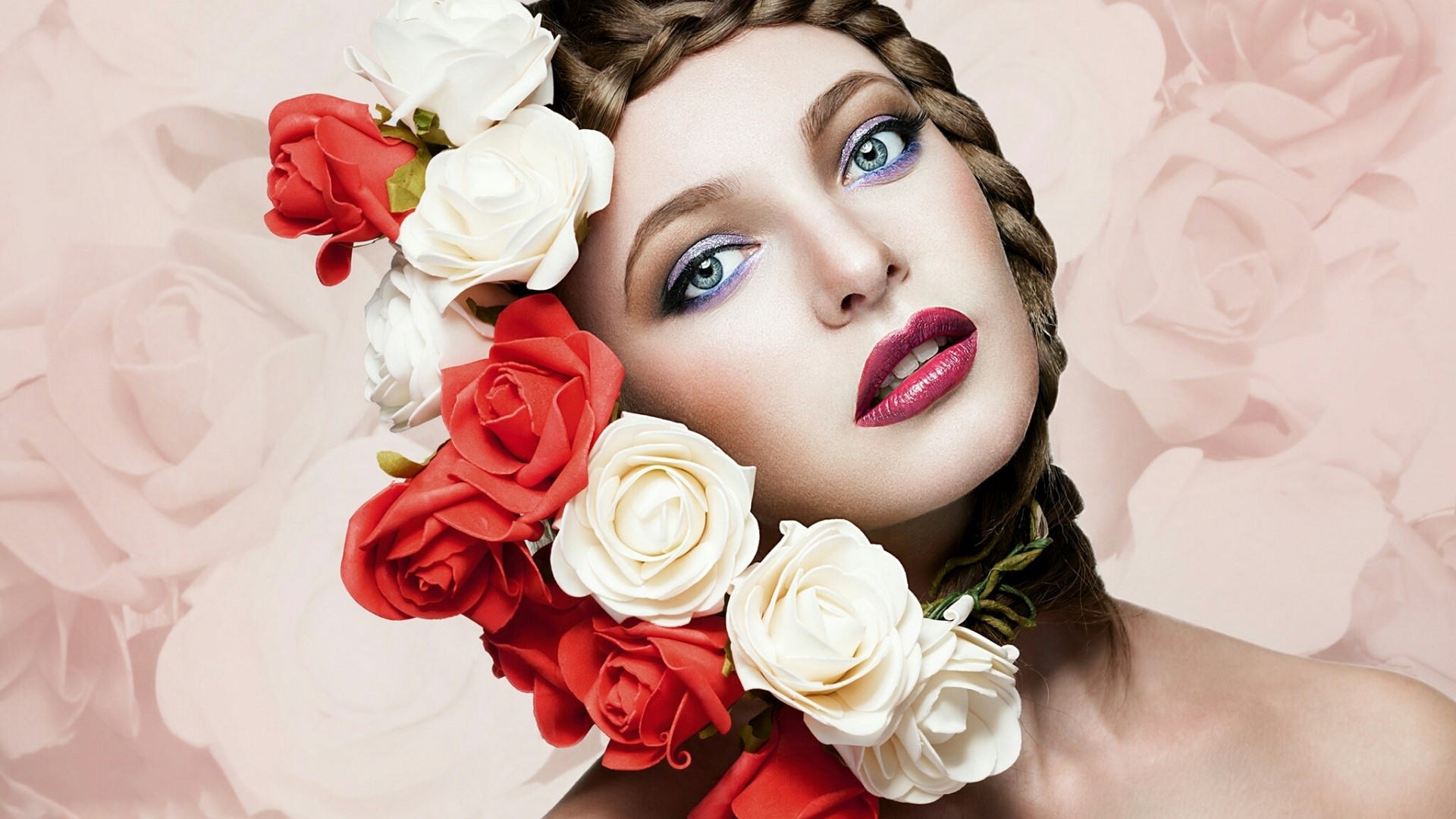Woman with braided hair and roses HD Wallpaper