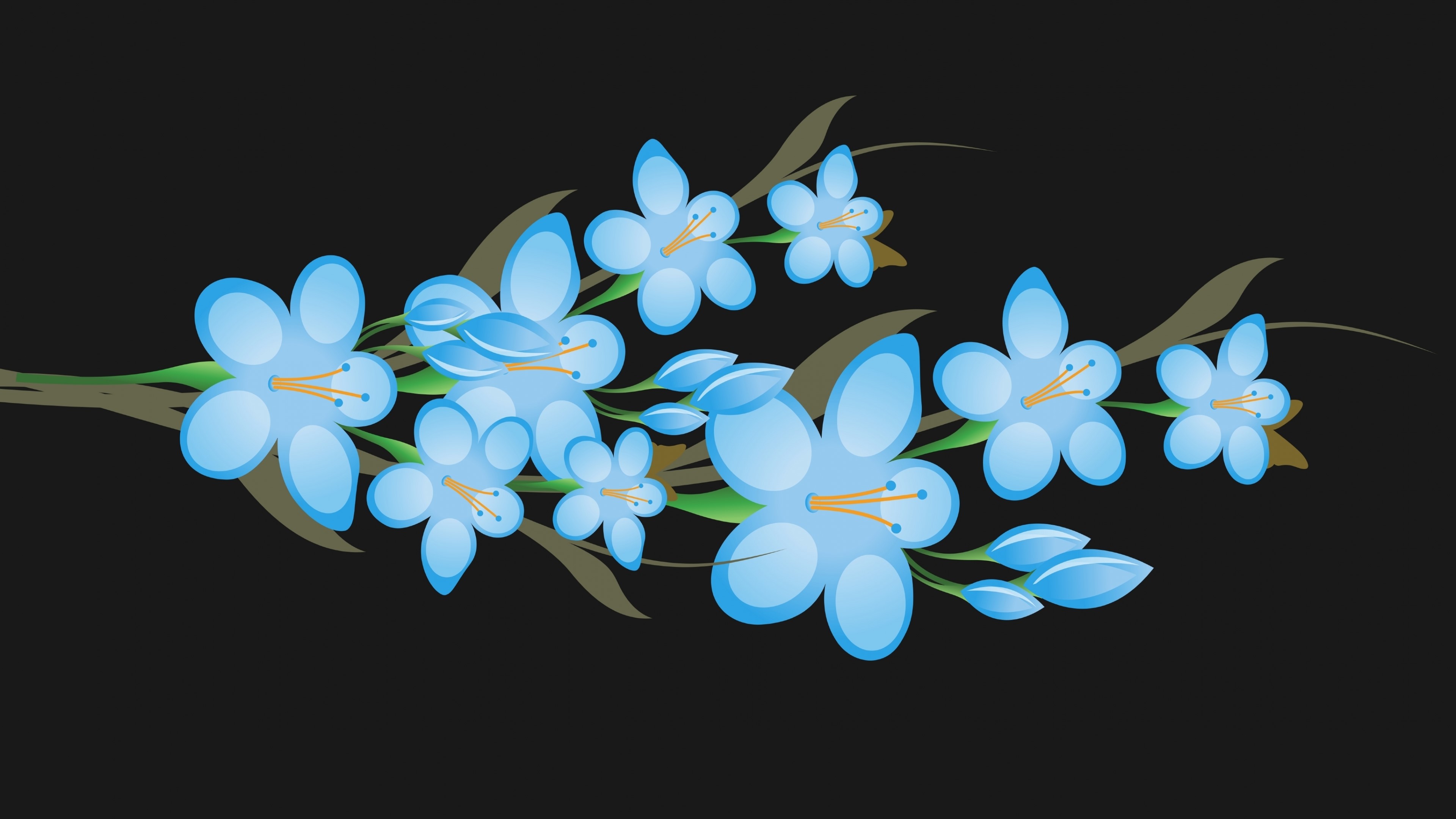 4K Vector Blue Flowers on Black Background HD Wallpaper
