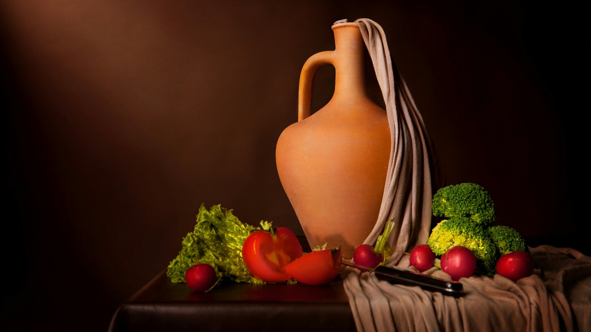 Still life with terracotta jug and vegetables HD Wallpaper