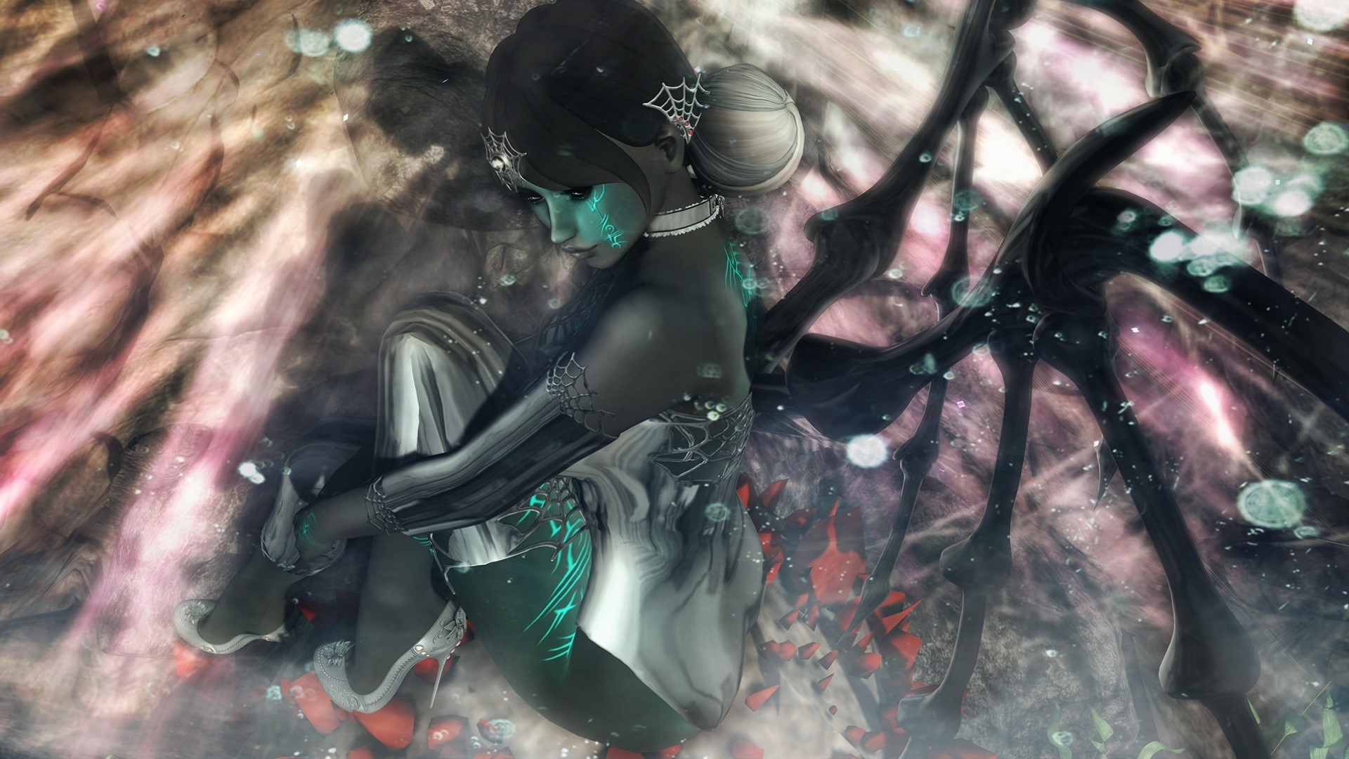 Fantasy girl with spiderweb and dark tendrils HD Wallpaper