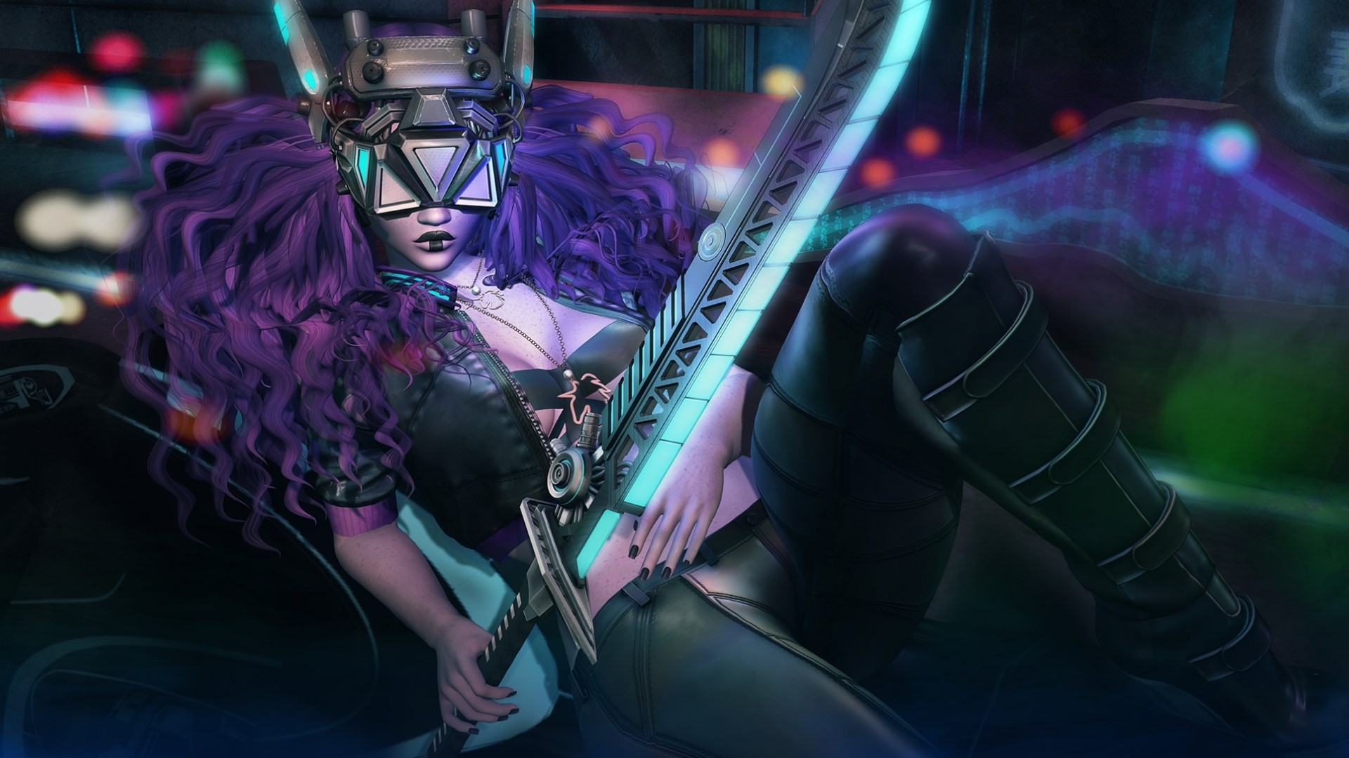 Fantasy girl with purple hair and sword HD Wallpaper