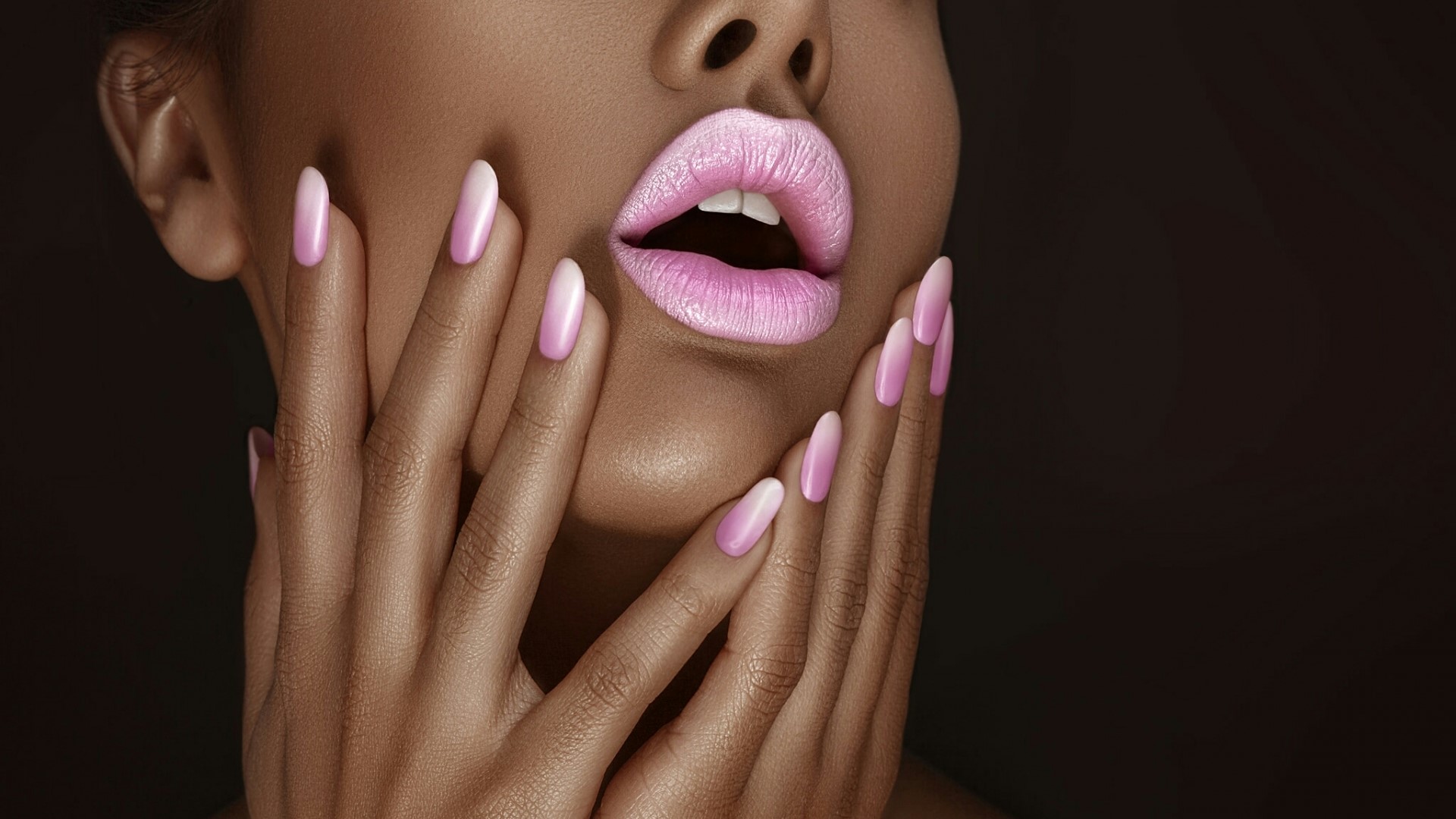 Woman with pink ombre nails and lips HD Wallpaper
