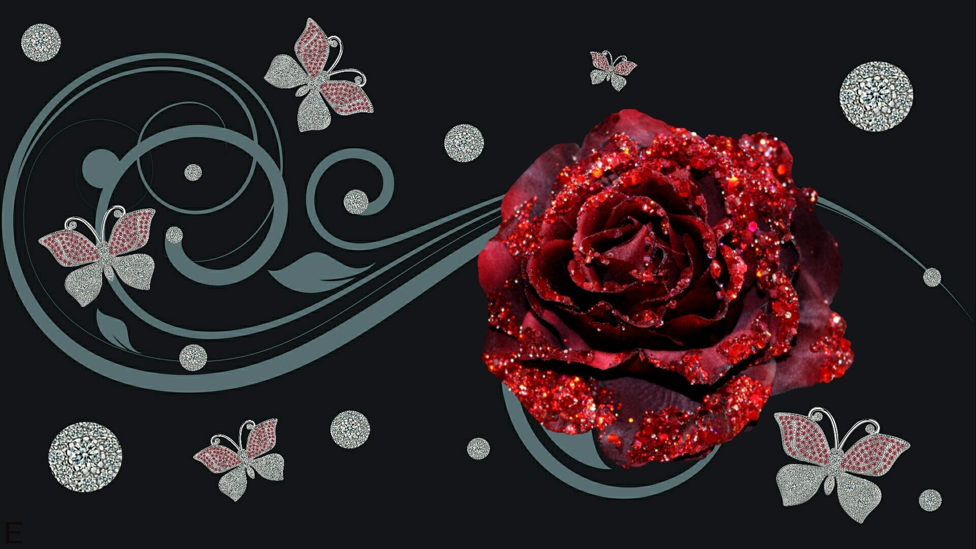 Glittering red rose with butterflies and swirls HD Wallpaper