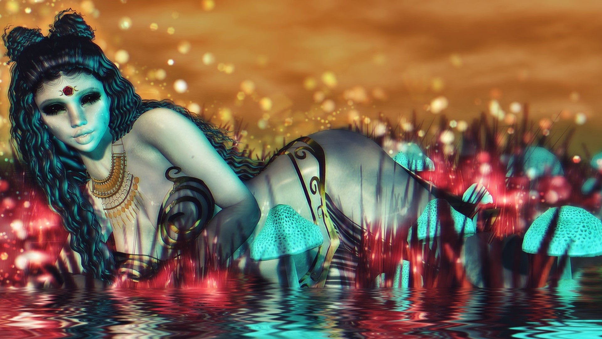 Fantasy girl with blue skin and dark hair HD Wallpaper