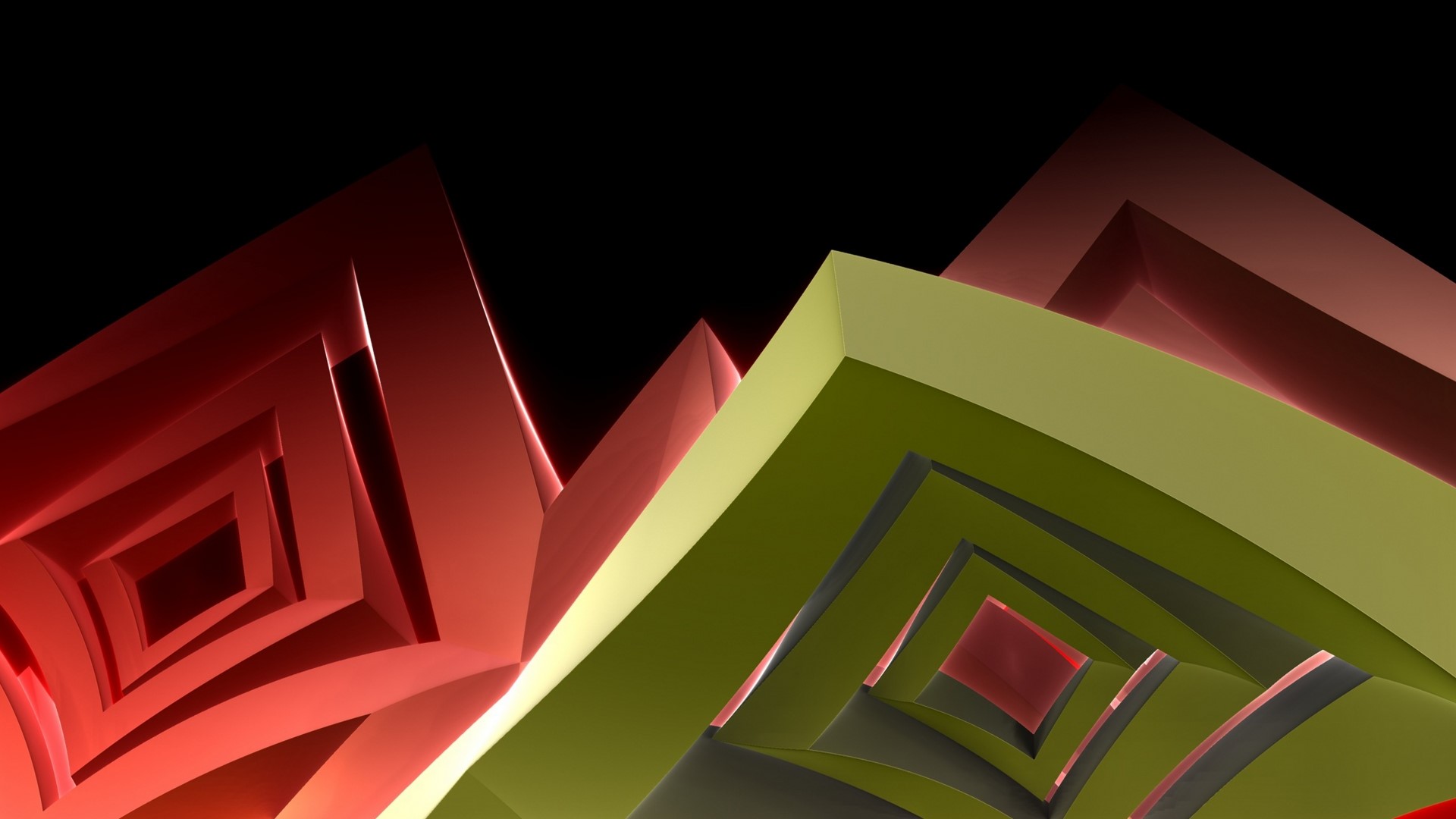 3D abstract geometric shapes with red and green colors HD Wallpaper