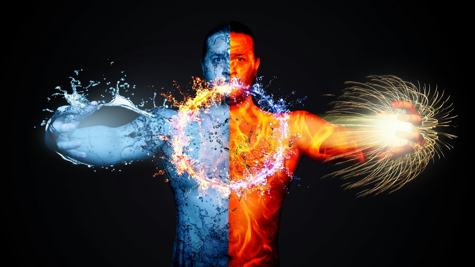 Man split between water and fire elements HD Wallpaper