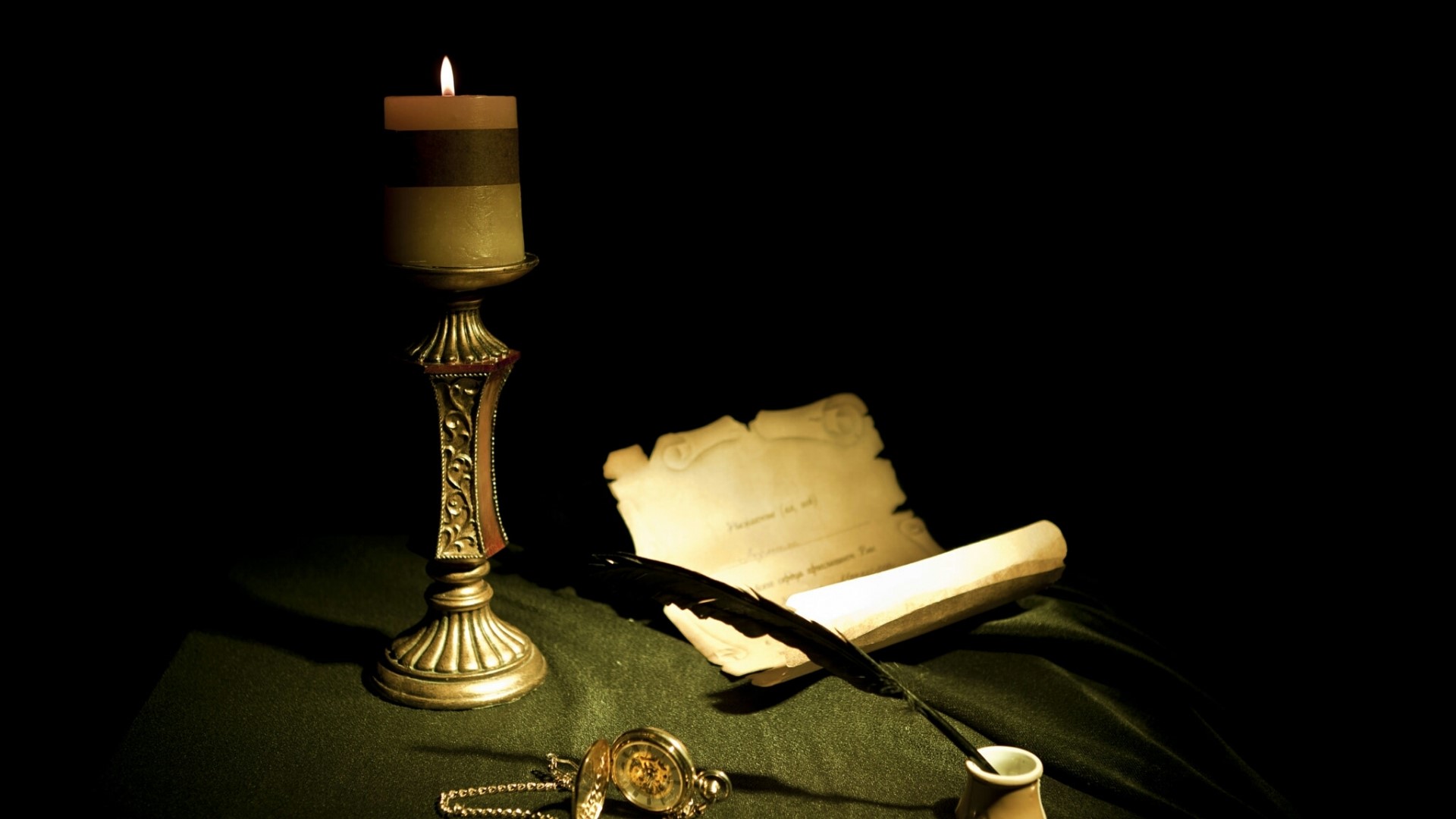 Still life with candle, quill, and scroll HD Wallpaper