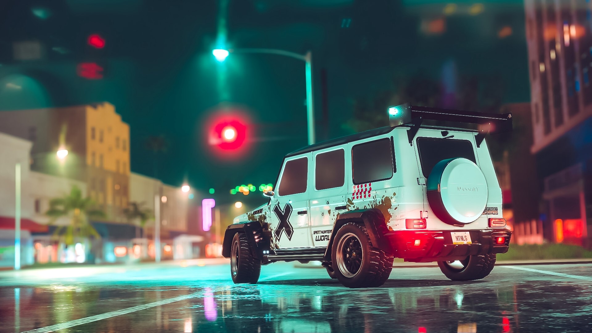 White modified SUV on a wet street at night HD Wallpaper