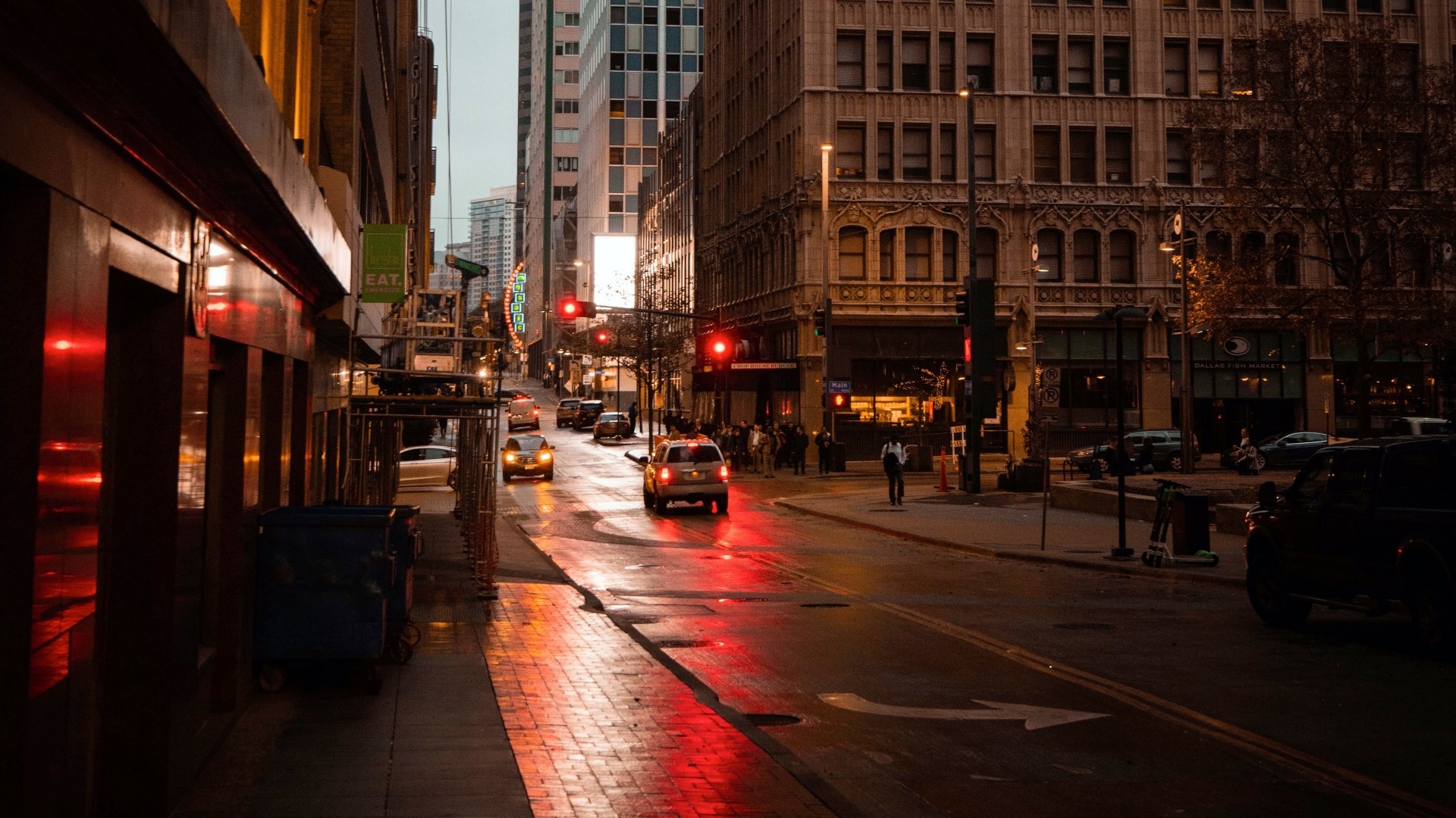 Street scene with cars and buildings HD Wallpaper