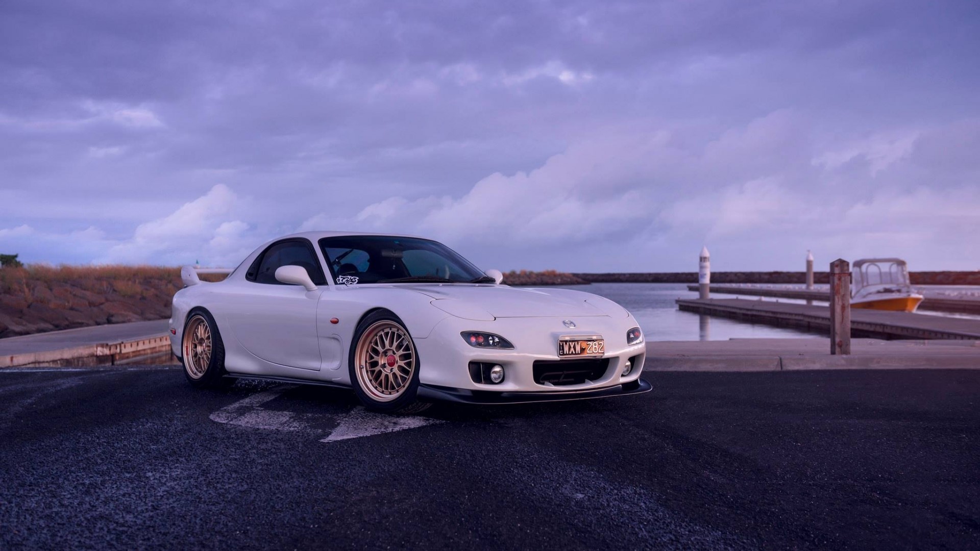 White Mazda RX-7 FD parked by a marina HD Wallpaper