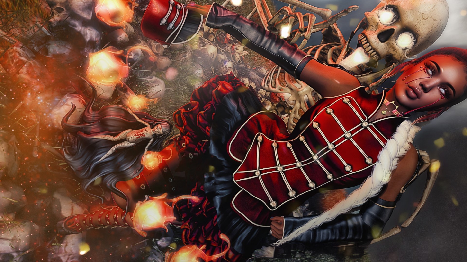 Fantasy girl with skeleton and fire orbs HD Wallpaper