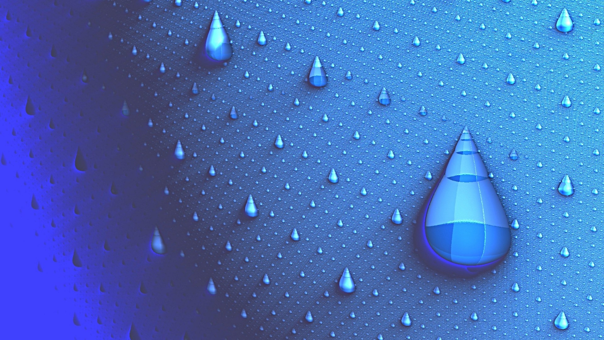 3D rendered water droplets on a blue textured surface HD Wallpaper